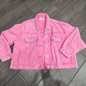 Savanna Jane Bright Pink Pearl-Trim Denim Jacket